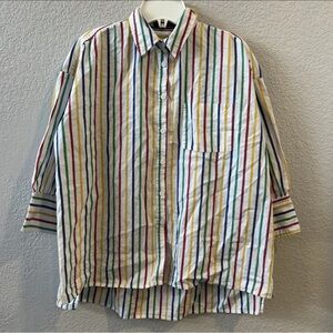 POMANDER PLACE Women's Sz. L Rainbow Striped Adair Boyfriend Shirt
